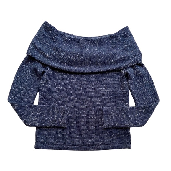 Willow & Clay Blue Off-The-Shoulder Gold Metallic Thread Sweater Size Small - Picture 2 of 7